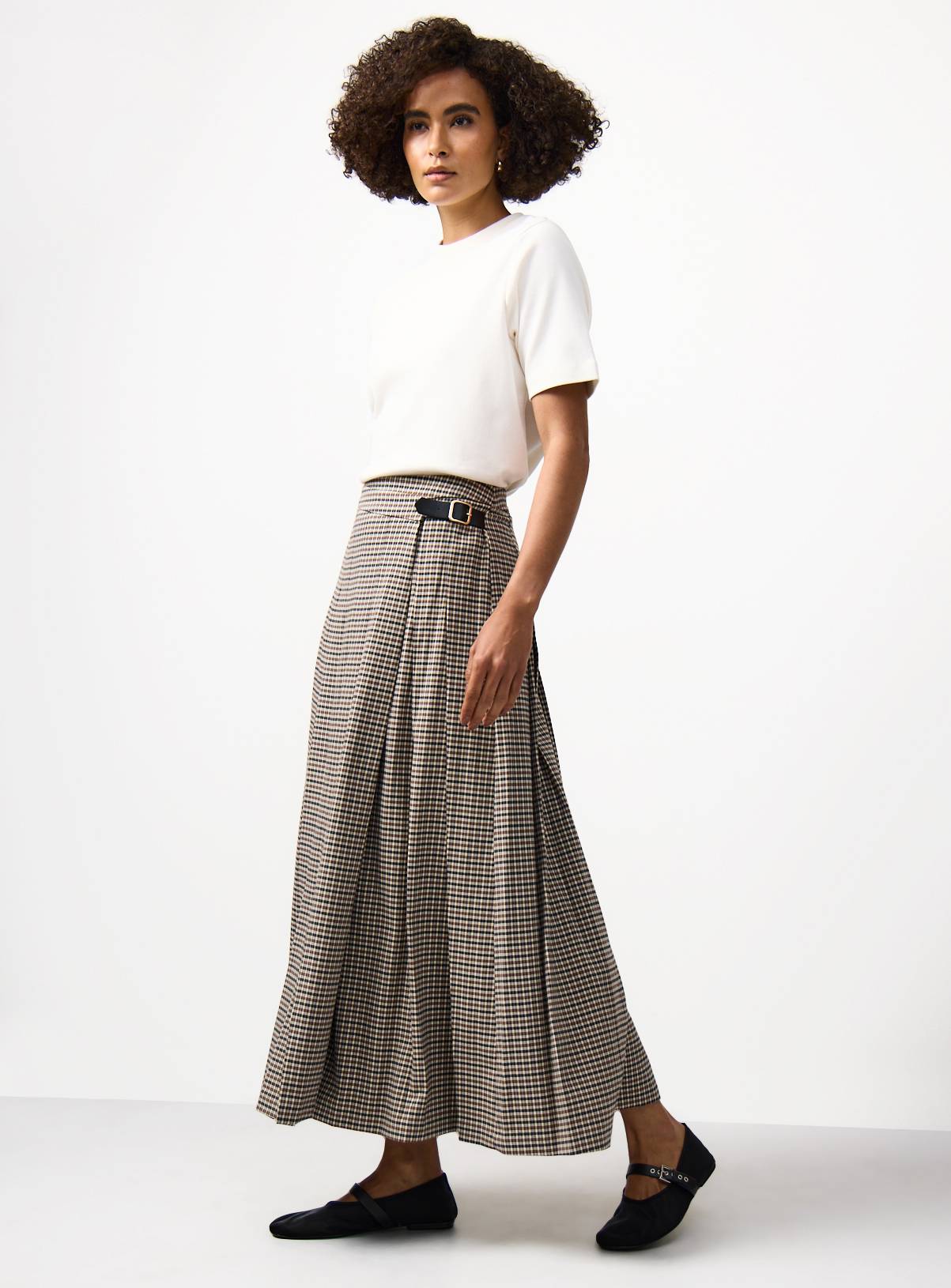 Neutral Houndstooth Check Pleated Midi Kilt Skirt 16 - Image 1